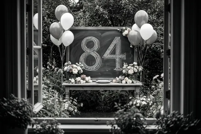 Een zwart-witfoto toont door een open raam een tuintafel met een krijtbord met 84, bloemen en ballonnen tussen weelderig groen.