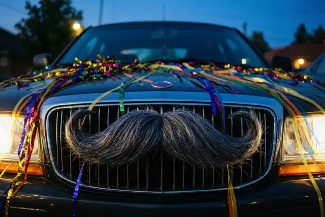 Een zwarte auto met kleurrijke serpentijnen en een grote nepsnor op de grille staat in de blauwe schemering met warm brandende autolichten.
