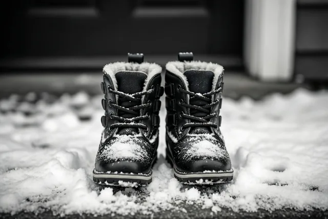 Een paar kleine zwarte babysneeuwlaarsjes met witte bontvoering staat naast elkaar op een besneeuwde drempel in een monochroom beeld.
