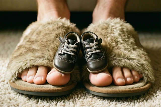 Kleine zwarte babyschoentjes balanceren op de neuzen van grote pluizige beige pantoffels op een zacht beige tapijt.