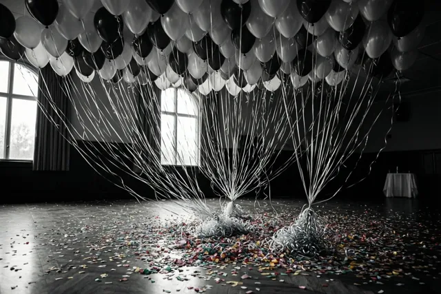 In een lege feestzaal bij dageraad liggen leeggelopen zwarte en witte ballonnen, verwarde slingers en confetti in een hoek, met wat kleur in de verder vrijwel monochrome scène.