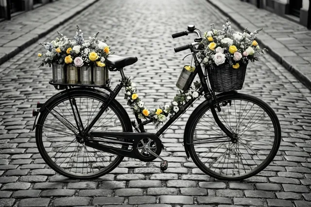 Een zwarte fiets met gele, witte en roze bloemen in blikken en een mand staat op een kasseistraat, met de bloemen in kleur tegen een zwart-witte omgeving.