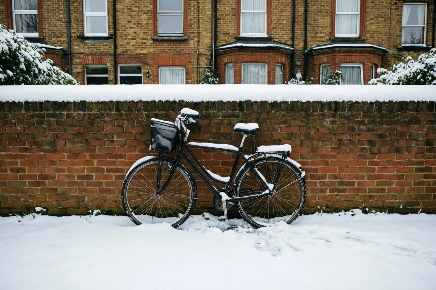 Een zwarte fiets met een mand leunt tegen een besneeuwde rode bakstenen muur, met een rijhuis, besneeuwde ramen en struiken op de achtergrond.