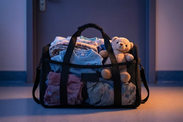Een zwarte ziekenhuistas van gaas met opgevouwen babykleertjes, een zachte teddybeer en een deken staat op de vloer bij een deur in warm en koel licht.