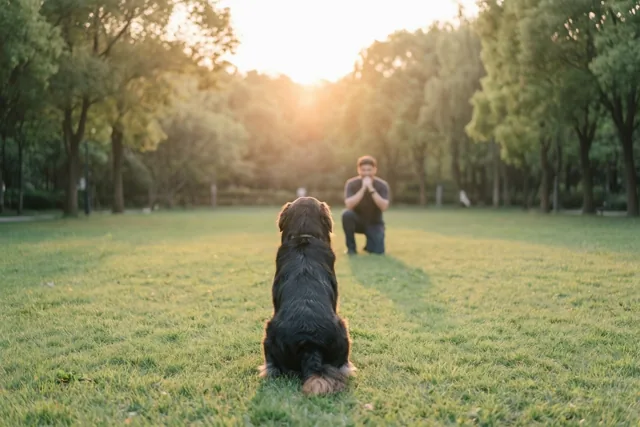 Een zwarte hond zit op groen gras tegenover een knielende persoon in een park met bomen bij zonsondergang.