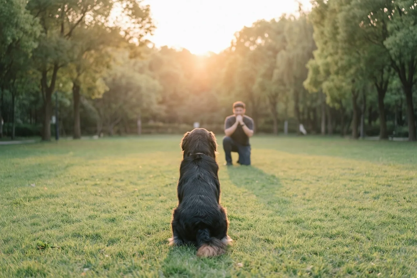 Een zwarte hond zit op groen gras tegenover een knielende persoon in een park met bomen bij zonsondergang.