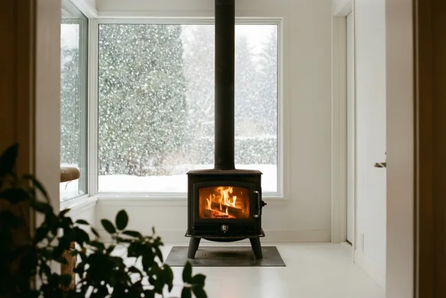 Door een groot raam is een zwarte houtkachel met een laag vuur te zien in een minimalistische witte kamer, met buiten sneeuw die op bomen valt.