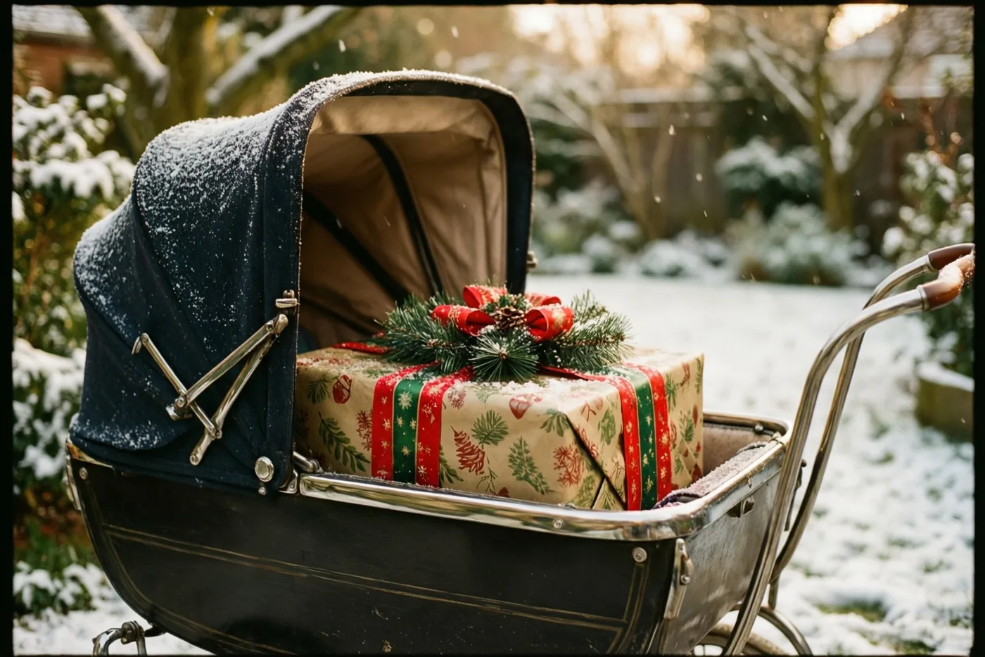 Een zwarte vintage kinderwagen met een groot kerstcadeau, een rode strik en dennentakjes staat in een besneeuwde tuin in zacht goudkleurig licht.