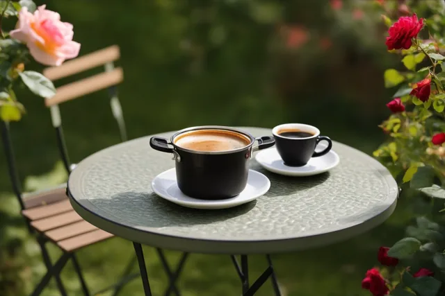 Een zwarte koffiepot en een zwarte koffiekop staan op witte schoteltjes op een ronde glazen tuintafel tussen bloeiende roze en rode rozen in het zonlicht.