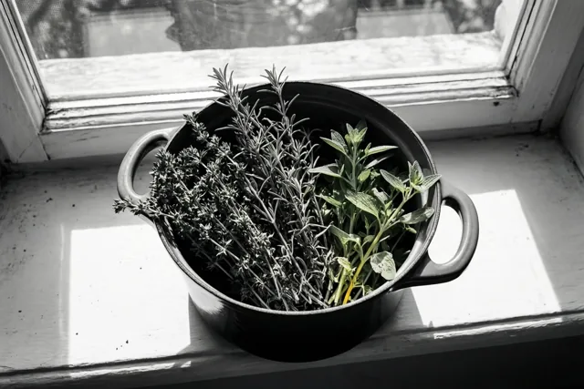 Een zwart-witfoto toont een zwarte pot met verse kruiden op een witte vensterbank in het zonlicht.