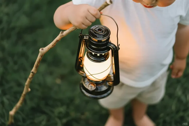 Een kinderhand houdt een brandende zwarte lantaarn aan een houten stok vast boven groen gras, in zacht goudkleurig licht.