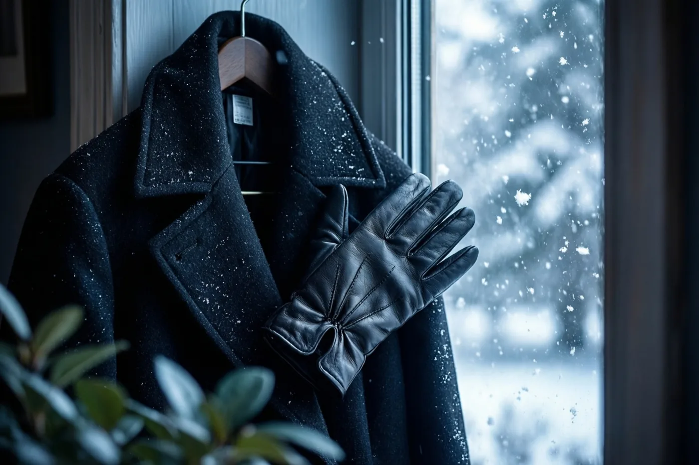 Een zwarte wollen mantel met een leren handschoen erover hangt aan een houten kleerhanger naast een raam met vallende sneeuw buiten en een gedeeltelijk zichtbare groene plant op de voorgrond.