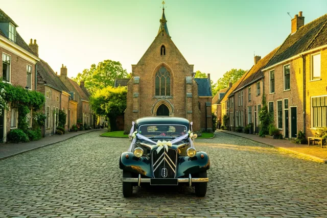 De trouwauto wacht aan de kerk
