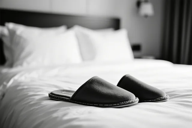 Een paar zwarte pantoffels ligt op een witte bedsprei in een slaapkamer die in zwart-wit is weergegeven.