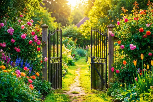 Een zwarte metalen tuinpoort staat open aan het begin van een zonnig pad met kleurrijke bloemen en groen in warm goudkleurig licht.