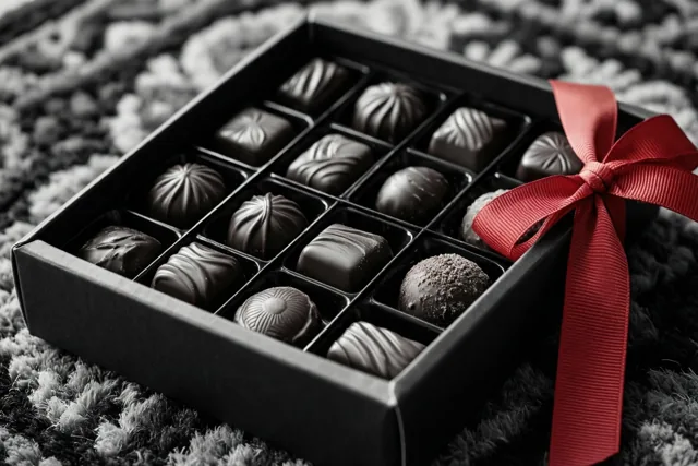 Een zwarte doos Belgische pralines met een rood lint staat op een deurmat, in een grotendeels monochroom beeld waarin het lint fel afsteekt.