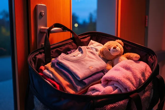 Een zwarte reistas met opgevouwen babykleertjes, een roze deken en een teddybeer staat bij een houten deur met een zilverkleurige klink, met warm licht binnen en een blauwe avondlucht achter het glas.