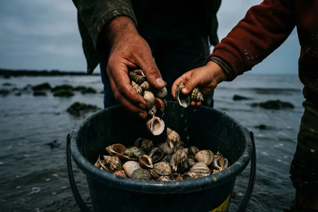 Een volwassen hand en een kinderhand laten schelpen in een zwarte emmer vallen aan de waterlijn bij eb, tegen een bewolkte kustachtergrond in grijze en bruine tinten.