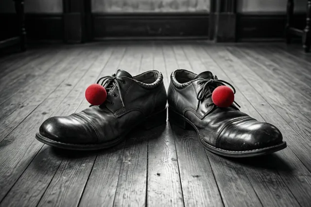 Zwarte leren schoenen met rode clownsneuzen aan de veters staan op een houten vloer, in een verder zwart-wit beeld.