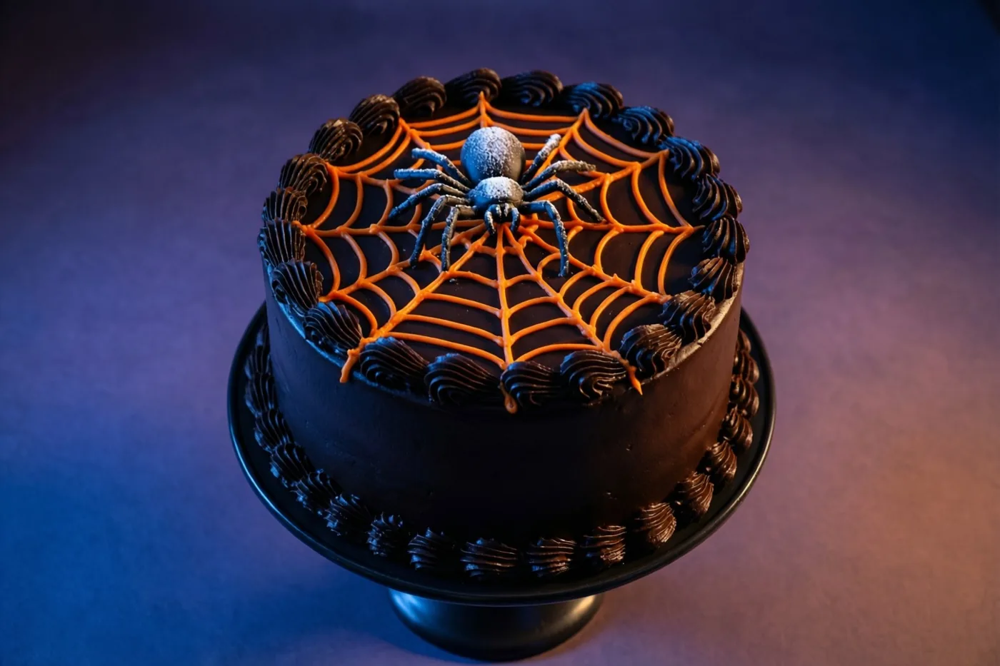 Een hoge zwarte chocoladetaart met oranje glazuurwebben en een spin van suiker staat op een zwarte taartstandaard tegen een donkerblauwe en paarse achtergrond met dramatische belichting.