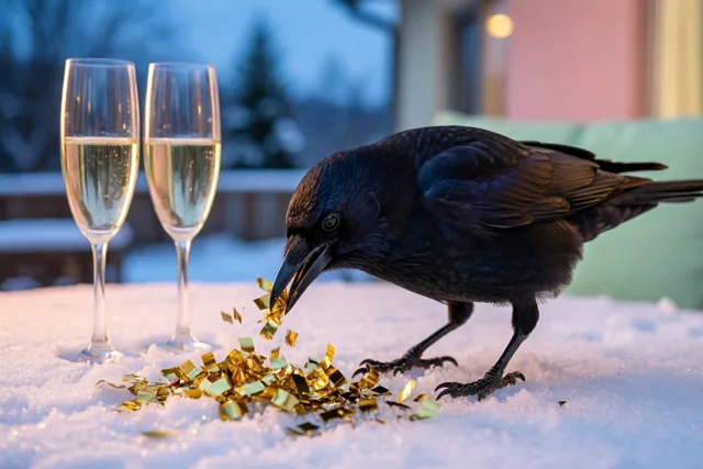 Een zwarte vogel pikt naar gouden confetti op een besneeuwd terras naast twee lege champagneglazen, in zacht blauw en roze licht.